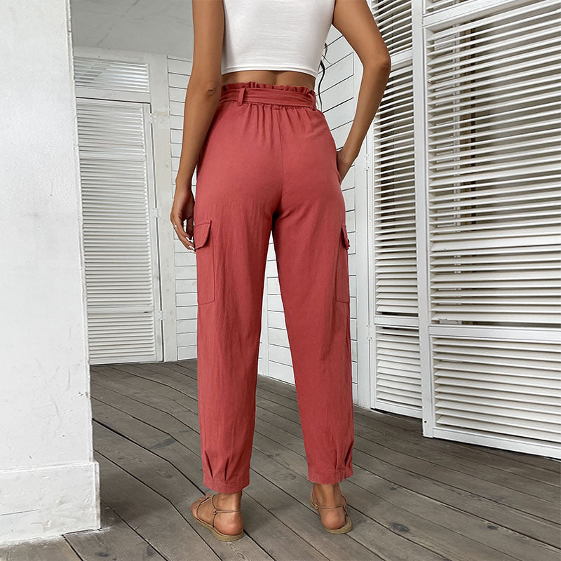 Women Fashion Solid Color High Waist Tie Waist Wholesale Cropped Pants With Pockets