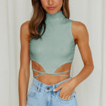 Plain Sleeveless Mock Neck Backless Lace Up Rib Knit Wholesale Corp Tops Summer