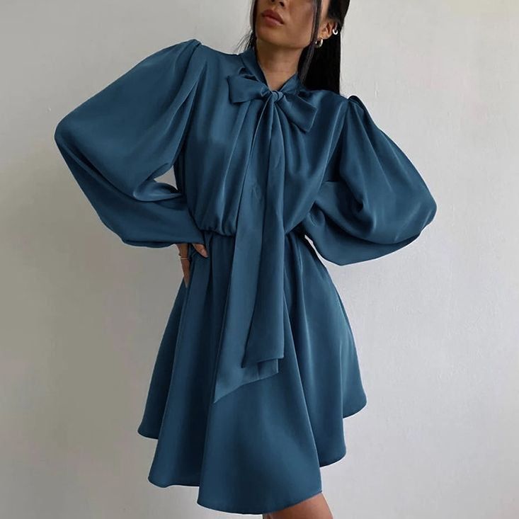 Commuter Temperament Niche Stand Collar Tie Mini Dress Wholesale Dresses