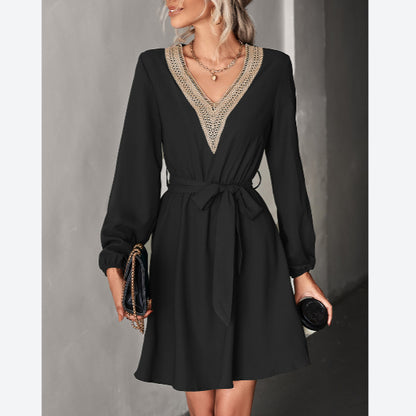 Fashion Lace V-Neck Long-Sleeve Tie-Up Dress Wholesale Dresses