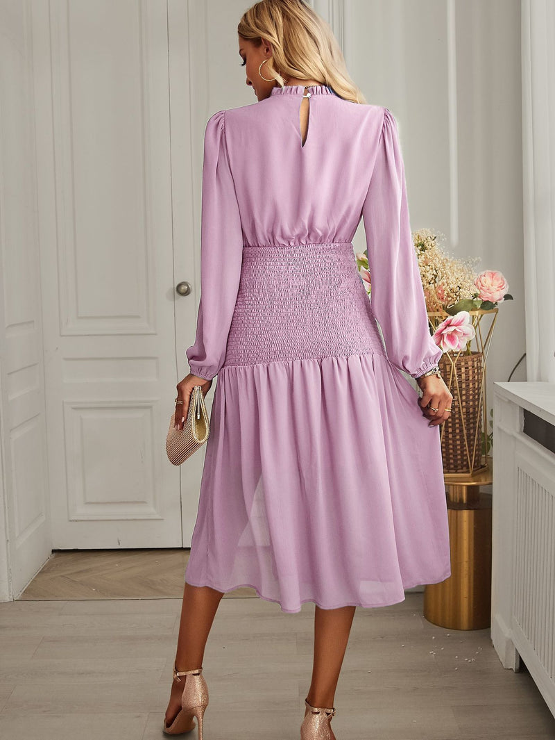 Lantern Sleeve Slim Pleated Solid Color Dress Temperament Slit Midi Dress Wholesale Dresses