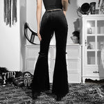 Dark Mid-Waist Casual See-Through Lace Mesh Stitching Flared Pants Wholesale Women Bottoms