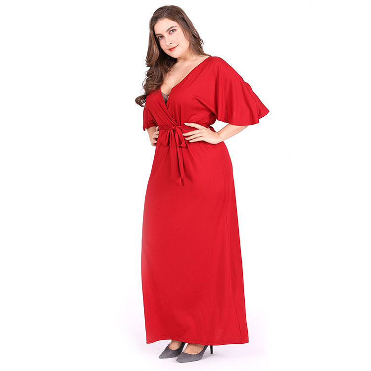 V Neck Tie-Up Flare Short Sleeve Curvy Dresses Wholesale Plus Size Clothing