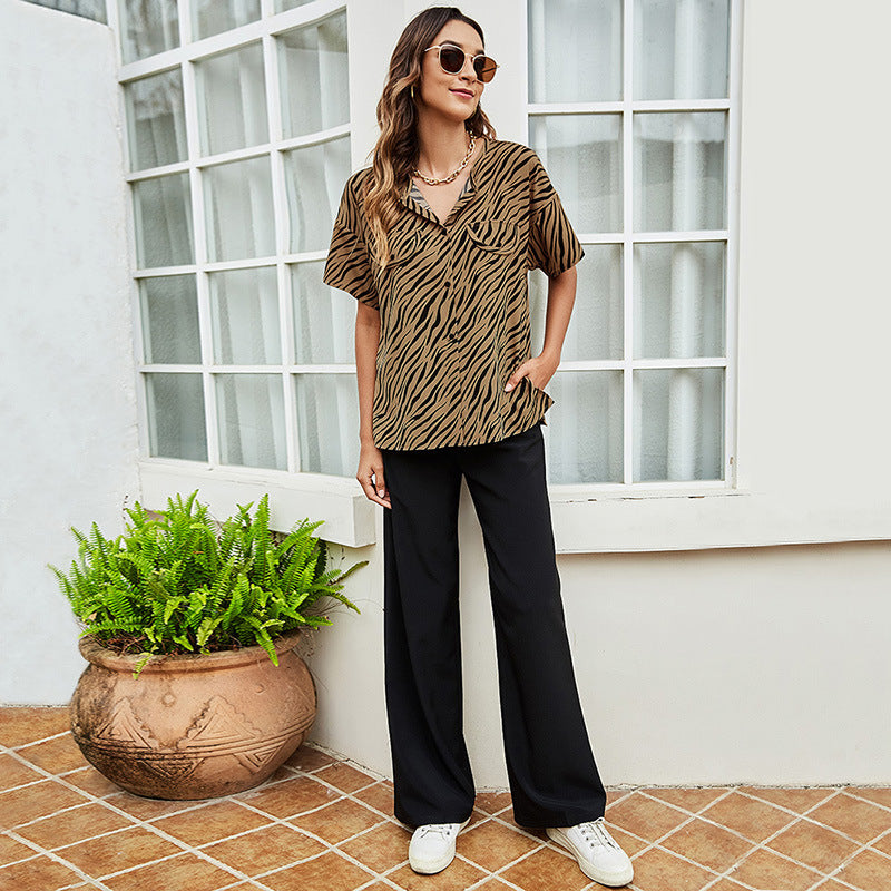 Women's Casual Short Sleeve Leopard Button Wholesale Shirt Blouses Summer