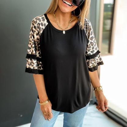 Round Neck Leopard Print Ruffled Mid-Sleeve Loose Womens Tops Casual Wholesale T Shirts