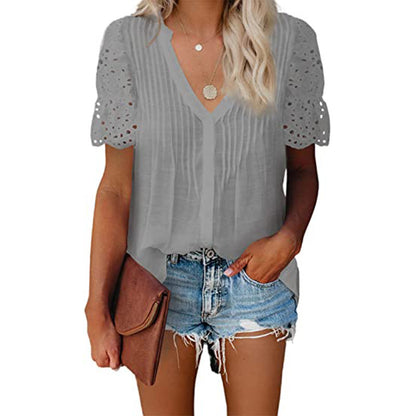 Lace Hollow Out V Neck Short Sleeve Wholesale Blouses Summer