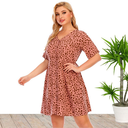 Dot Printed V Neck Casual Midi Curve Dresses Single-Breasted Wholesale Plus Size Clothing