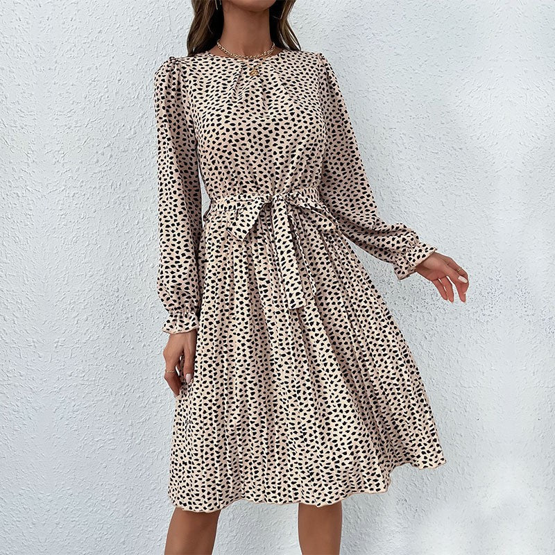 Leopard Print Long Sleeve Pleated Dress Wholesale Dresses