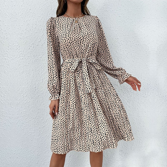 Leopard Print Long Sleeve Pleated Dress Wholesale Dresses