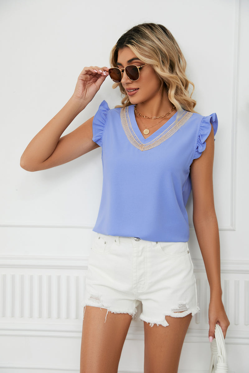 Lace Contrasting Color V-Neck Short Sleeve Chiffon Tank Top Wholesale Womens Tops
