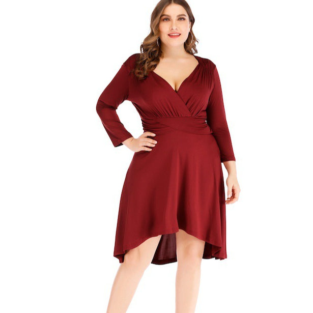 V-Neck Long Sleeve Waist Ruched Curvy Dresses Wholesale Plus Size Clothing