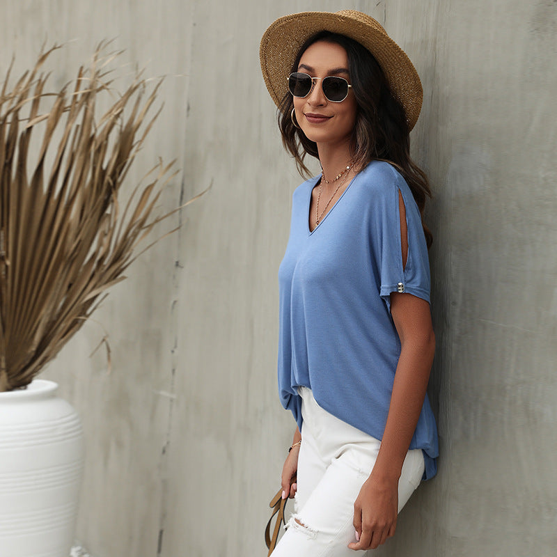 Solid Color Short Sleeve V Neck Wholesale T-shirts For Women Summer