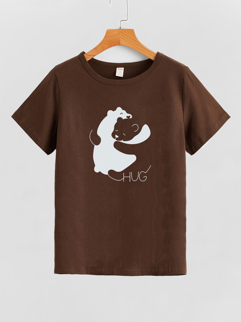 Hug Bear Print Short Sleeve Round Neck Womens Tops Casual Wholesale T-Shirts