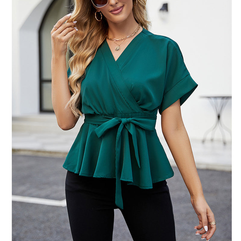 Fashion Ruffled Lace-Up Batwing Sleeves Casual T-Shirts Wholesale Womens Tops