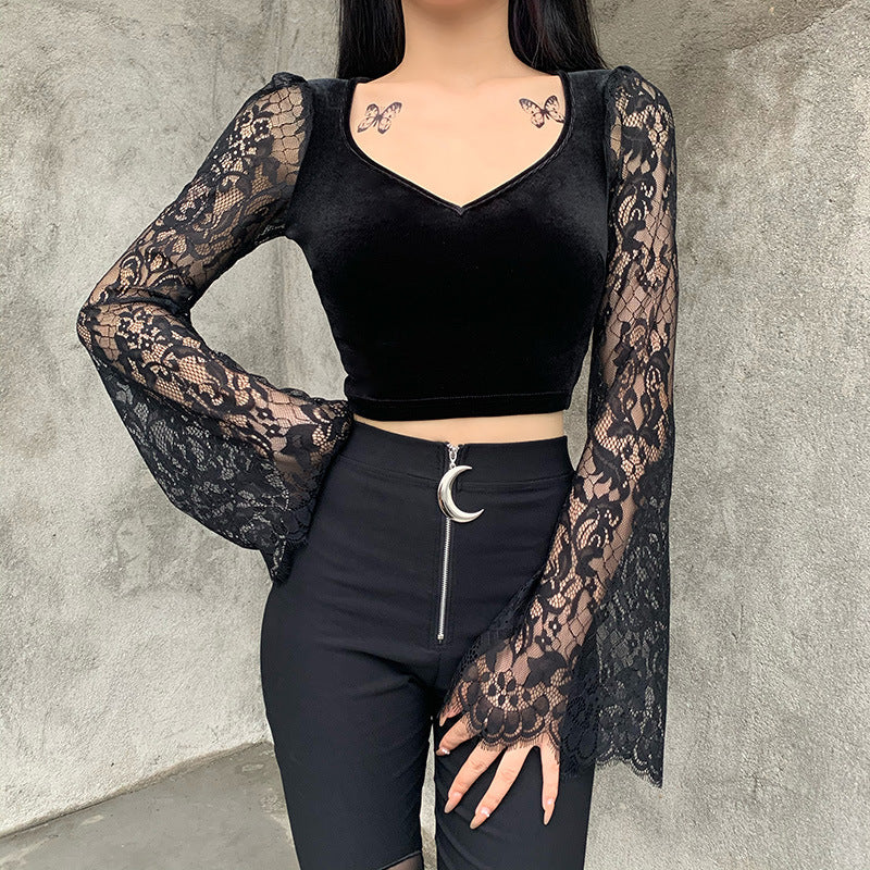 Dark Gothic Trumpet Sleeve V-Neck Lace Stitching Crop Tops Wholesale Women'S Tops