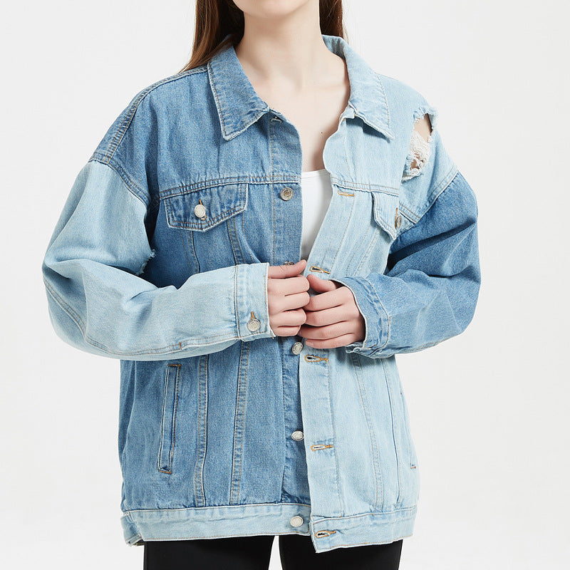 Fashion Colorblock Ripped Denim Jacket Long Sleeve Single-Breasted Loose  Women Wholesale Coats