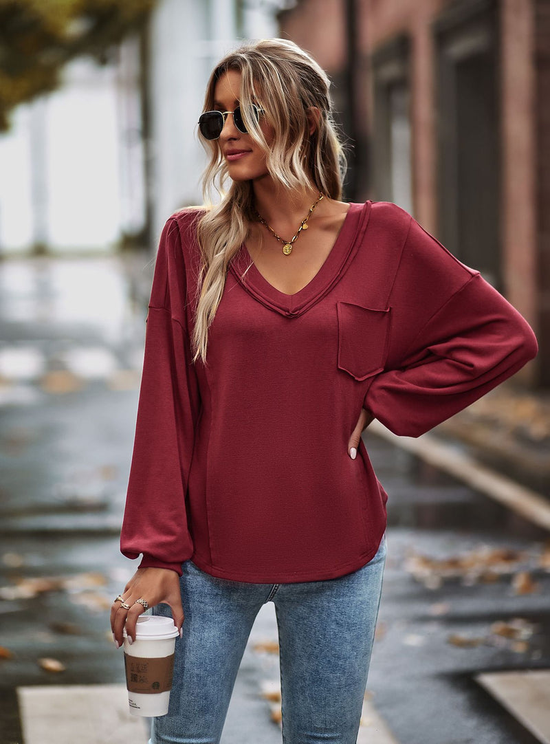 Casual Solid Color V-Neck Tops Wholesale Womens Long Sleeve T Shirts
