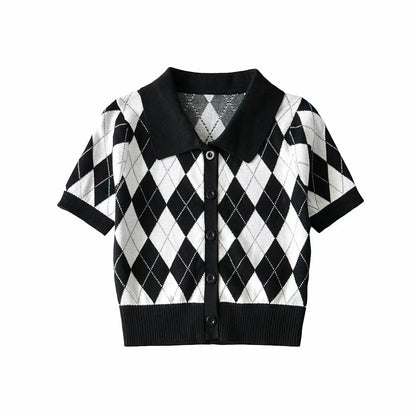 Button Plaid Fashion Short Sleeve Knitted Lapel Short Womens Shirts Wholesale Crop Tops