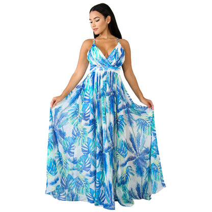 Fashion Print Deep V Neck Open Back Chiffon Beach Sling Wide Swing Dress Sexy Wholesale Maxi Dresses