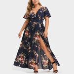 V Neck Floral Print Nipped Waist Slit Curvy Maxi Dresses Wholesale Plus Size Clothing