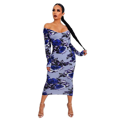 Off Shoulder Floral Print Midi Dress Crew Neck Long Sleeve Sexy Bodycon Wholesale Dresses