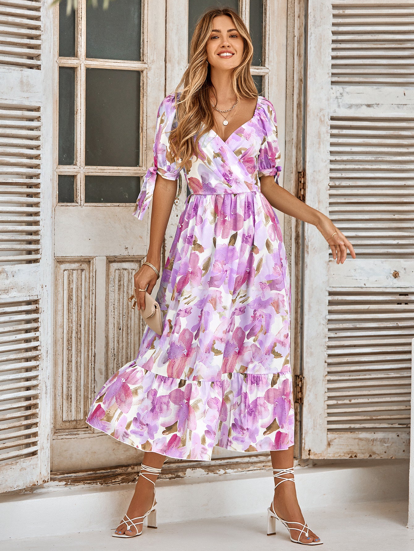 Printed Waist Puff Sleeve V-Neck Casual Dress Wholesale Dresses