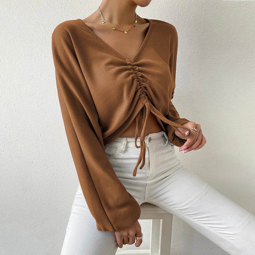 Sexy V-Neck Waffle Drawstring Long Sleeve T-Shirt Wholesale Crop Tops