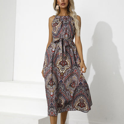 Trendy Ethnic Style Printed Sleeveless Lace-Up Waist Midi Swing Dress Casual Wholesale Dresses