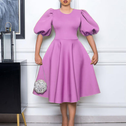 Round Neck Elegant Puff Sleeve A-Line Dress Wholesale Dresses