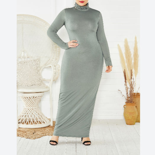 Solid Color High Neck Long Sleeve Wholesale Plus Size Maxi Dresses Stretchy Bodycon Dresses