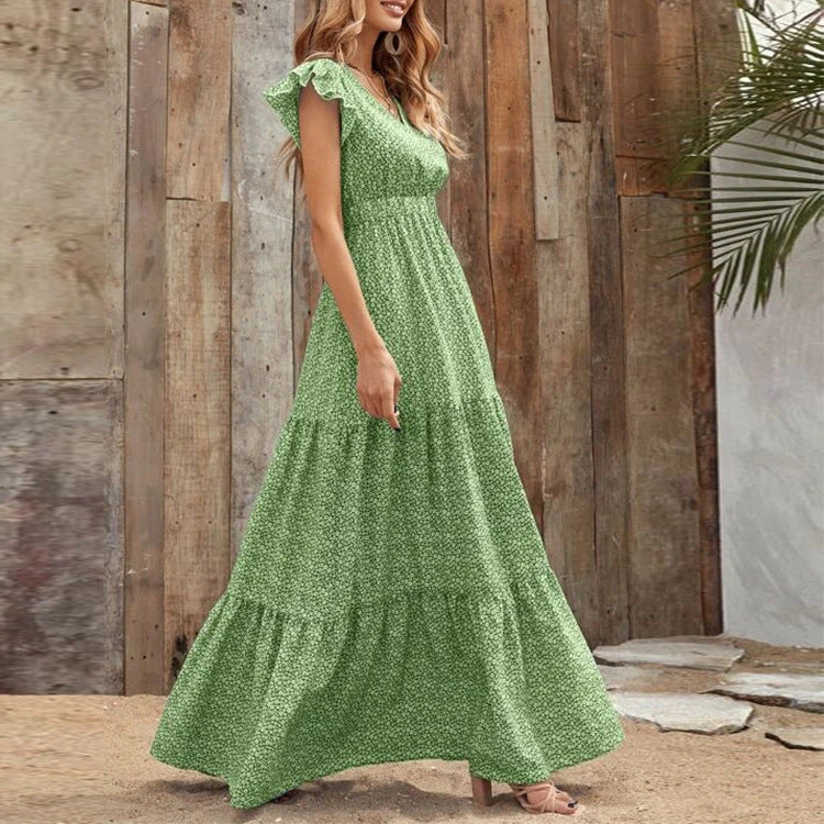 Ruffled Sleeve V Neck High Waist Vacation Smocked Floral Dress Wholesale Maxi Dresses