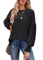 Round Neck Lantern Sleeve Solid Color Blouse Wholesale Womens Tops