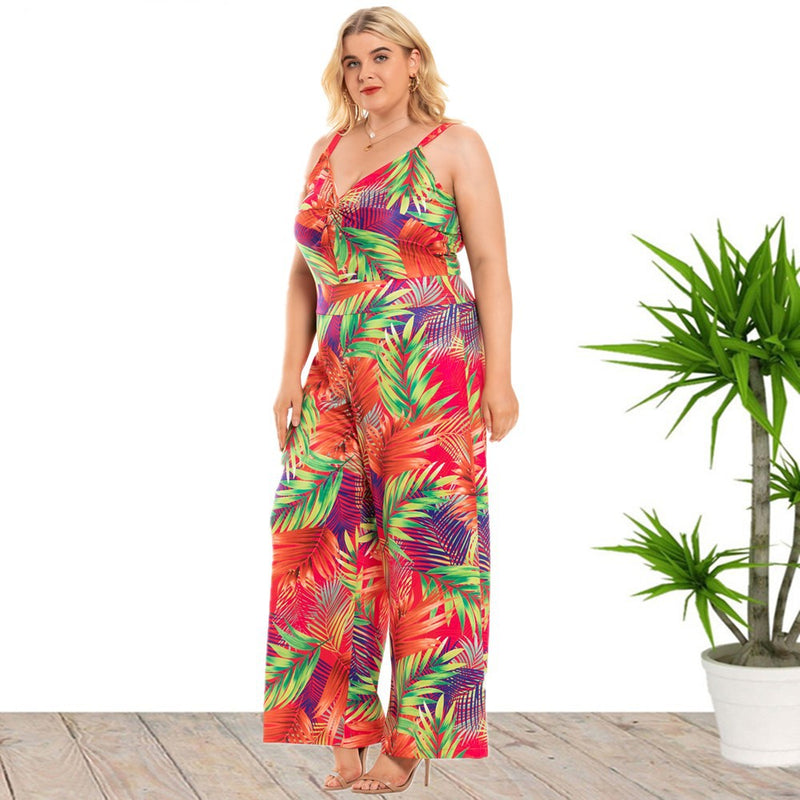 Women Fashion Sleeveless Leaf Print Wholesale Plus Size Jumpsuits Rompers Summer