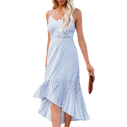 Women Fashion Sleeveless Striped Print Hollow Out Irregular Hem Wholesale Swing Dresses Summer