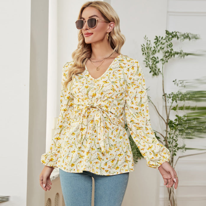 Lace-Up Lantern Sleeve Floral Blouse Chiffon Shirts Wholesale Tunic Tops