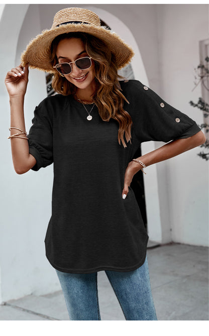 Casual Crew Neck Tops Buttons Decorate Loose Short Sleeve Womens T Shirts Wholesale