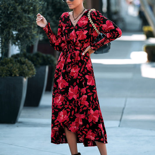 V-Neck Floral Print Long-Sleeve Wrap Dress Wholesale Dresses