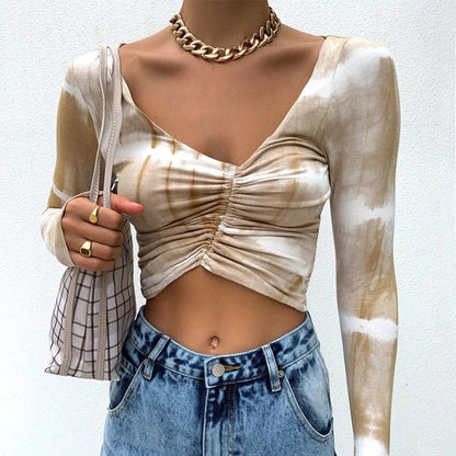 Tie-Dye Skinny Sexy Drawstring Irregular V-Neck Crop Top Wholesale Women Top