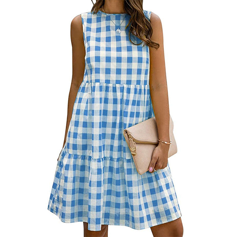 Sleeveless Plaid Print Casual Loose Wholesale Swing Dresses For Women