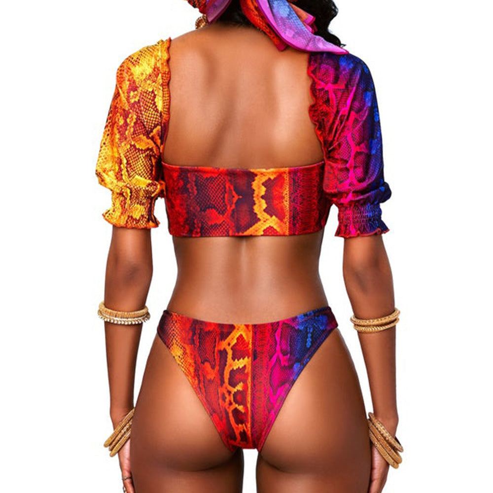 Sexy High Waist Half Sleeve Bikini Two Piece Swimwear Fashion Printed Wholesale Swimsuits Vendors