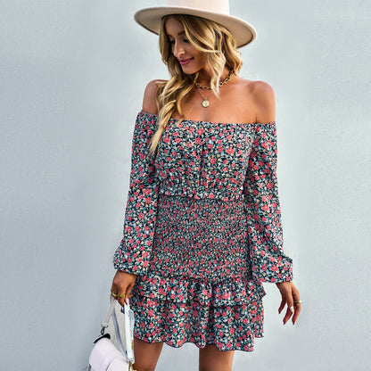 Floral Print Off Shoulder Long Sleeve Slim Ruffled Dress Wholesale Dresses