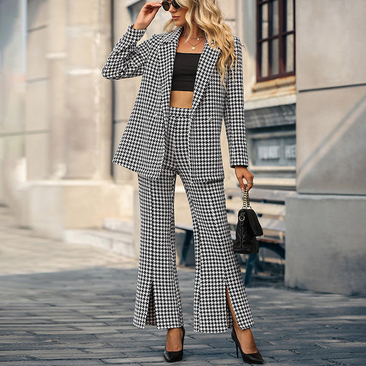 Houndstooth Blazer & Trousers Business Suits Wholesale Women'S 2 Piece Sets