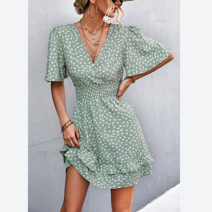 V-Neck Printed Flare Sleeve Ruffles Nipped Waist Resort Dress Wholesale Dresses