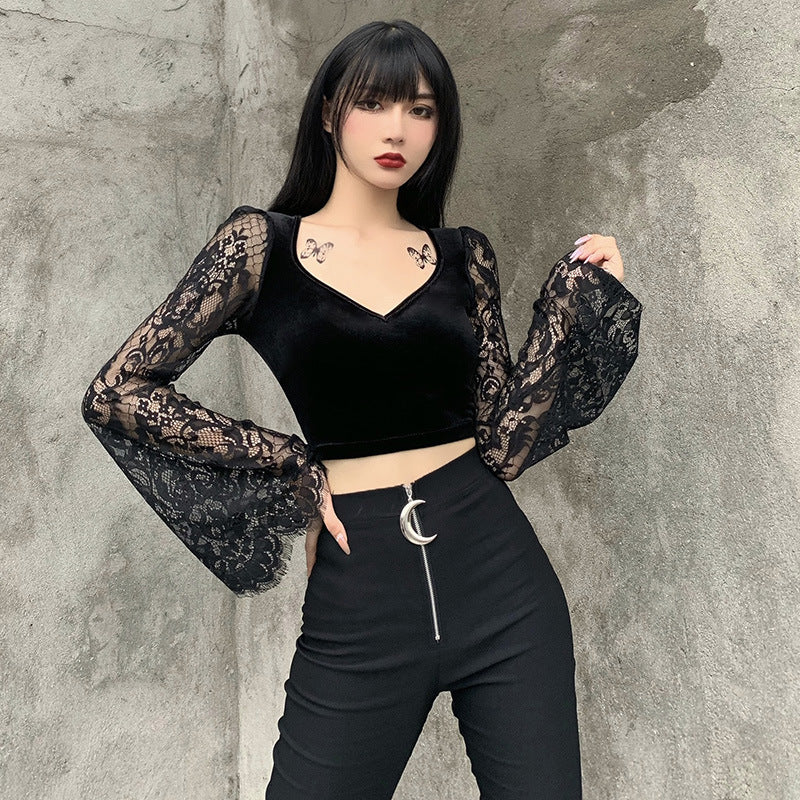 Dark Gothic Trumpet Sleeve V-Neck Lace Stitching Crop Tops Wholesale Women'S Tops