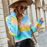 Sexy Striped Contrast V-Neck Long Sleeve Knitted Sweater Wholesale Women Clothing