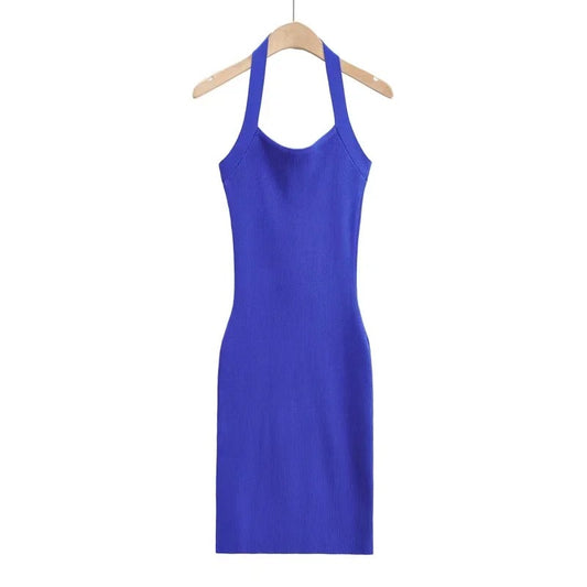 Sexy Solid Color Tie-Rope Side Slit Halterneck Knitted Midi Dress Bodycon Wholesale Dresses