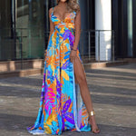 Low Cut Sling High Waist Palm Leaves Print Slit Swing Dress Resort Sundresses Wholesale Maxi Dresses