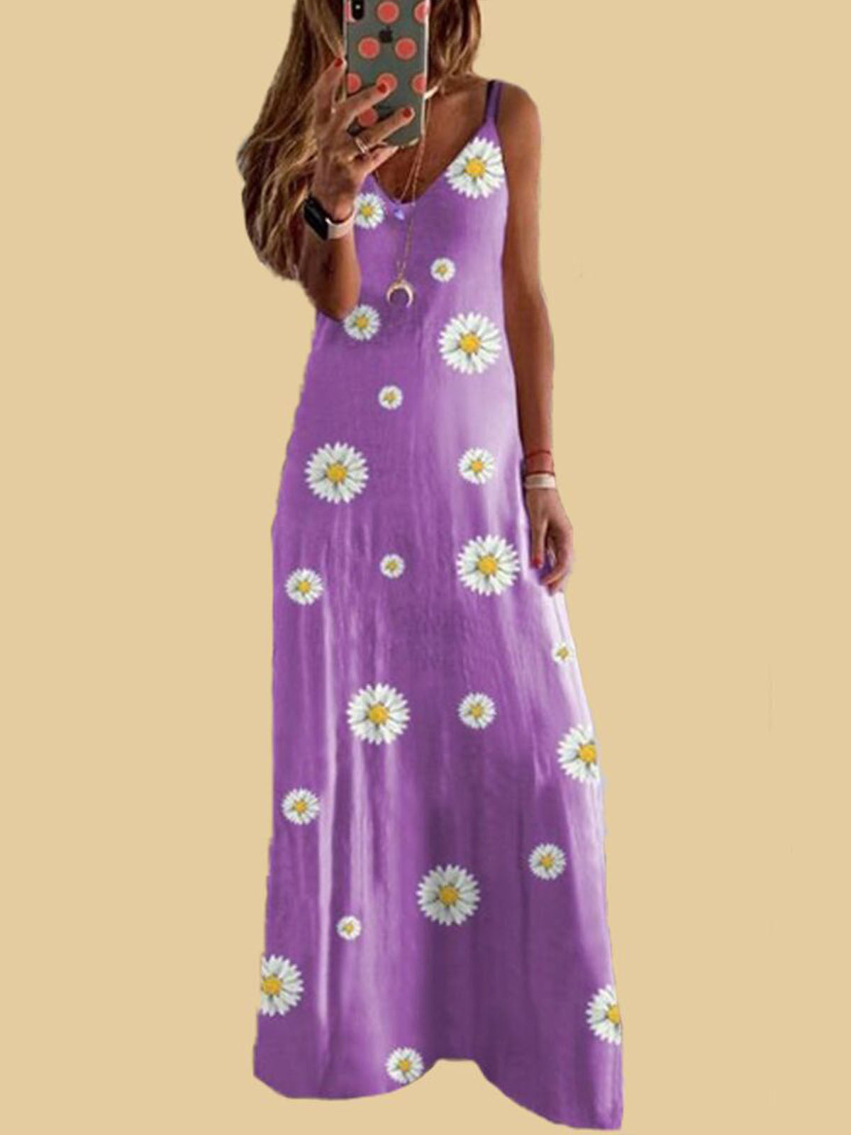 Daisy Print Spaghetti Strap Sleeveless Wholesale Maxi Dresses for Summer