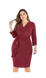 V-Neck Cropped Sleeves Slim Fit Curvy Dresses Wholesale Plus Size Clothing