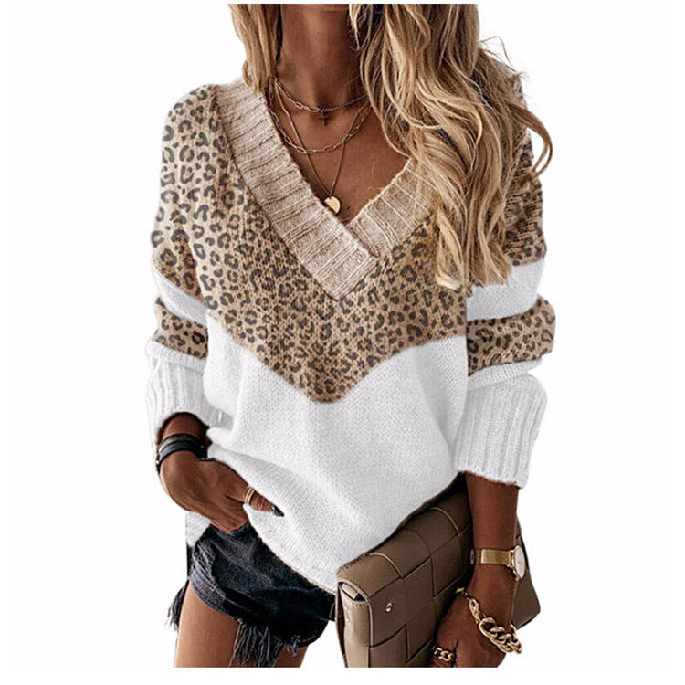 Colorblock Striped Wholesale Sweater Vendors Leopard Print V-Neck Pullover Womens Tops Casual